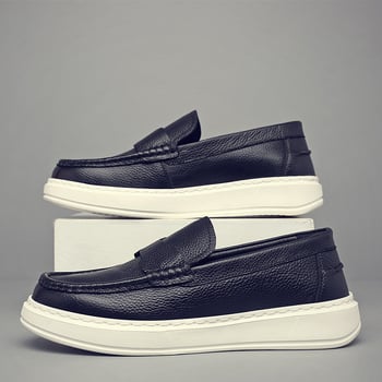 Мъжки лофери за шофиране от горна телешка кожа, slip-on, кръгъл нос, гумена подметка, плосък ток