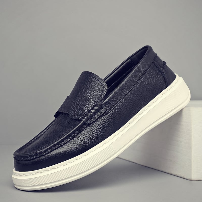 Мъжки лофери за шофиране от горна телешка кожа, slip-on, кръгъл нос, гумена подметка, плосък ток