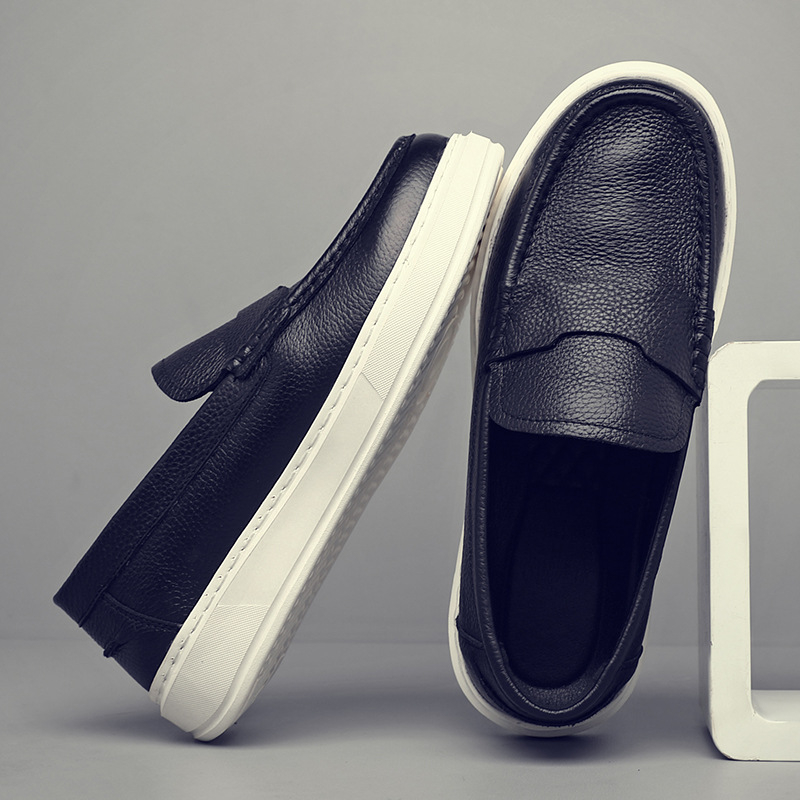 Мъжки лофери за шофиране от горна телешка кожа, slip-on, кръгъл нос, гумена подметка, плосък ток