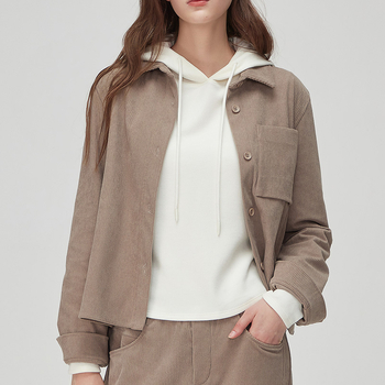 Γυναικείο corduroy σακάκι με ρετρό πέτο, κοντό μήκος (100% πολυεστέρας, 251-300 g/m2, μακριά μανίκια, μονόχρωμο)