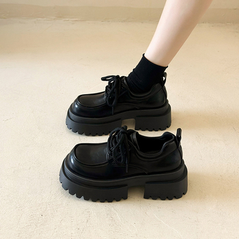 Loafers casual pentru femei cu șireturi, vârf rotund, PU partea superioară, PU talpă, platformă, toc 3-5 cm