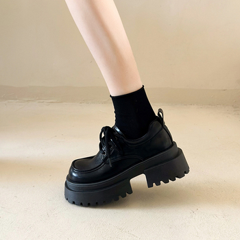 Loafers casual pentru femei cu șireturi, vârf rotund, PU partea superioară, PU talpă, platformă, toc 3-5 cm