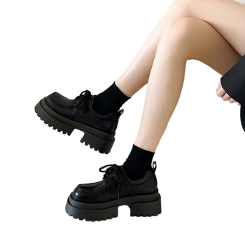 Loafers casual pentru femei cu șireturi, vârf rotund, PU partea superioară, PU talpă, platformă, toc 3-5 cm