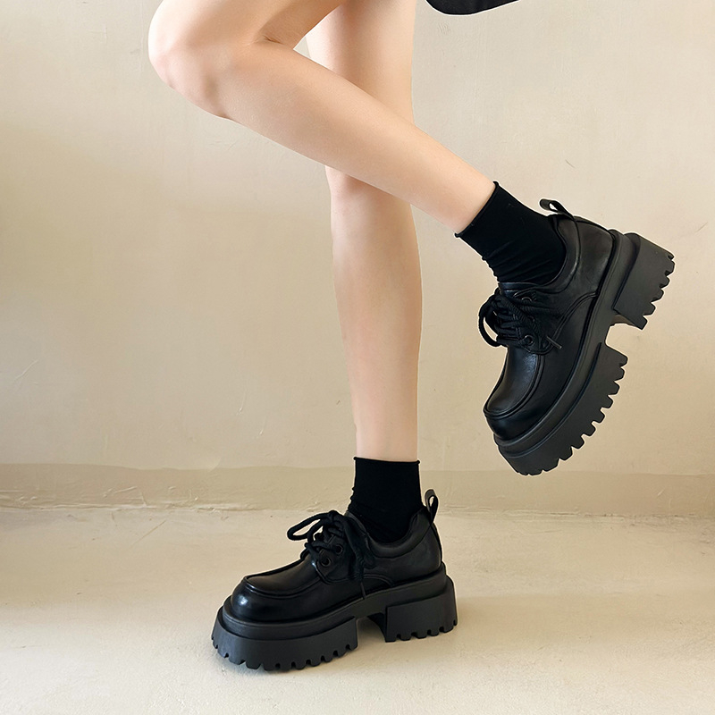 Loafers casual pentru femei cu șireturi, vârf rotund, PU partea superioară, PU talpă, platformă, toc 3-5 cm