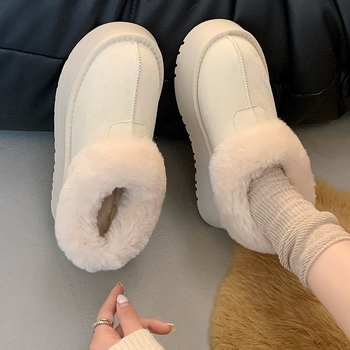 Cizme de iarnă pentru femei, cu blană artificială la exterior, căptușeală fleece, talpă din cauciuc, slip-on, gleznă joasă, vârf rotund