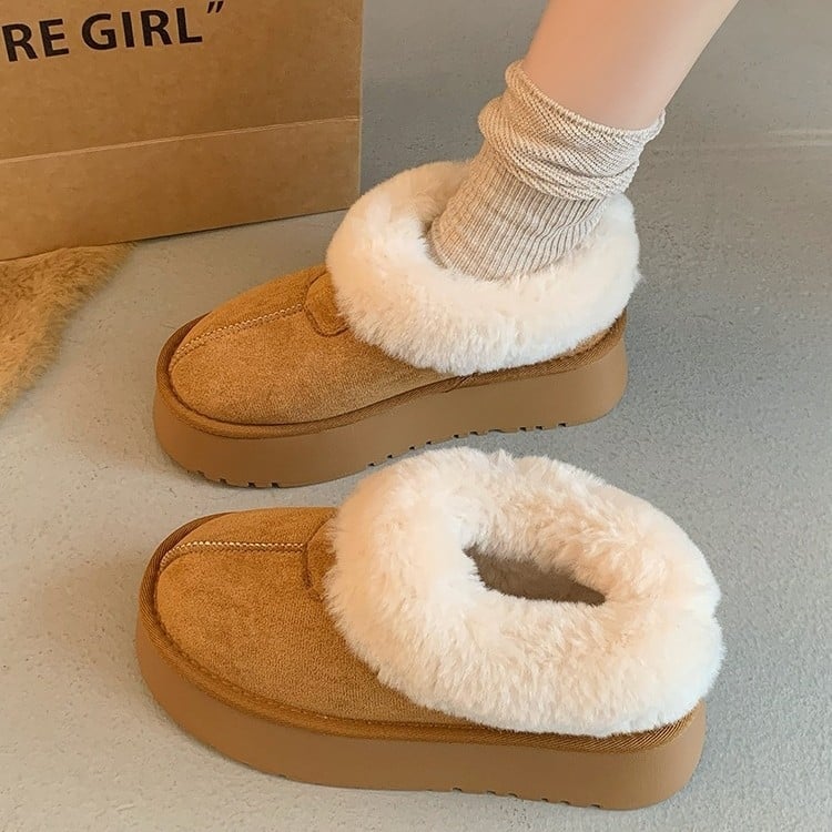 Cizme de iarnă pentru femei, cu blană artificială la exterior, căptușeală fleece, talpă din cauciuc, slip-on, gleznă joasă, vârf rotund