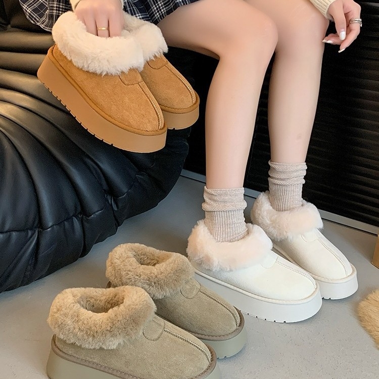 Cizme de iarnă pentru femei, cu blană artificială la exterior, căptușeală fleece, talpă din cauciuc, slip-on, gleznă joasă, vârf rotund