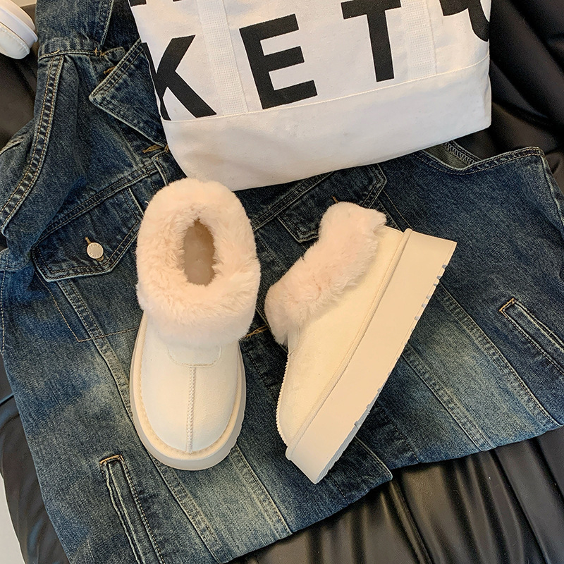 Cizme de iarnă pentru femei, cu blană artificială la exterior, căptușeală fleece, talpă din cauciuc, slip-on, gleznă joasă, vârf rotund