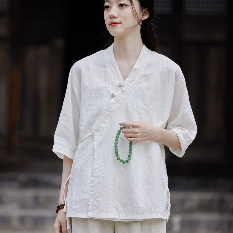 Γυναικείος καλοκαιρινός τοπ με V-λαιμό, κοντά μανίκια, πλευρικά κουμπιά και κορδόνι, μίγμα λίνου-βαμβάκα, ελαφρύ, εμπνευσμένο από Hanfu Zen στυλ