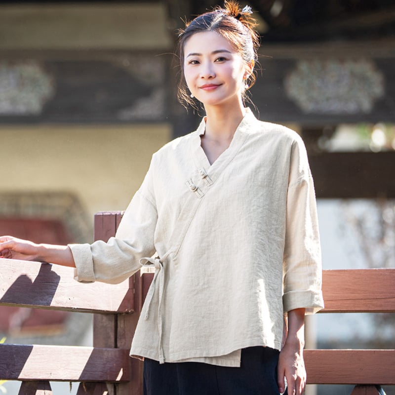 Γυναικείος καλοκαιρινός τοπ με V-λαιμό, κοντά μανίκια, πλευρικά κουμπιά και κορδόνι, μίγμα λίνου-βαμβάκα, ελαφρύ, εμπνευσμένο από Hanfu Zen στυλ