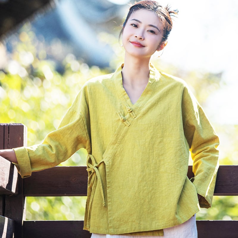 Γυναικείος καλοκαιρινός τοπ με V-λαιμό, κοντά μανίκια, πλευρικά κουμπιά και κορδόνι, μίγμα λίνου-βαμβάκα, ελαφρύ, εμπνευσμένο από Hanfu Zen στυλ