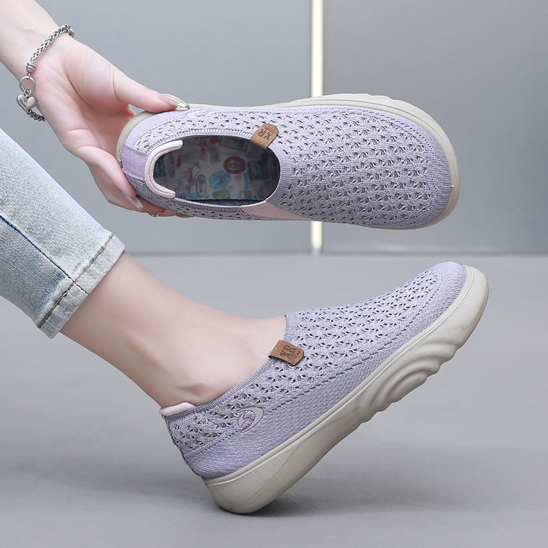 Női lélegző textilekből készült sétacipő, kerek orr, puha talp, csúszásmentes, slip-on, alacsony bokaszár, mindennapi stílus