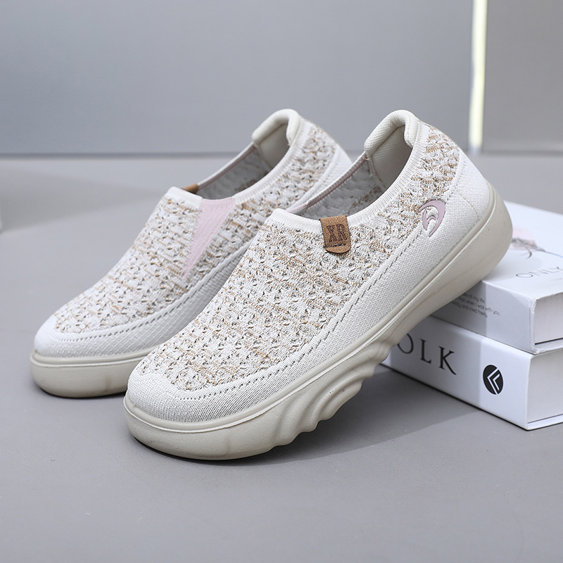 Női lélegző textilekből készült sétacipő, kerek orr, puha talp, csúszásmentes, slip-on, alacsony bokaszár, mindennapi stílus