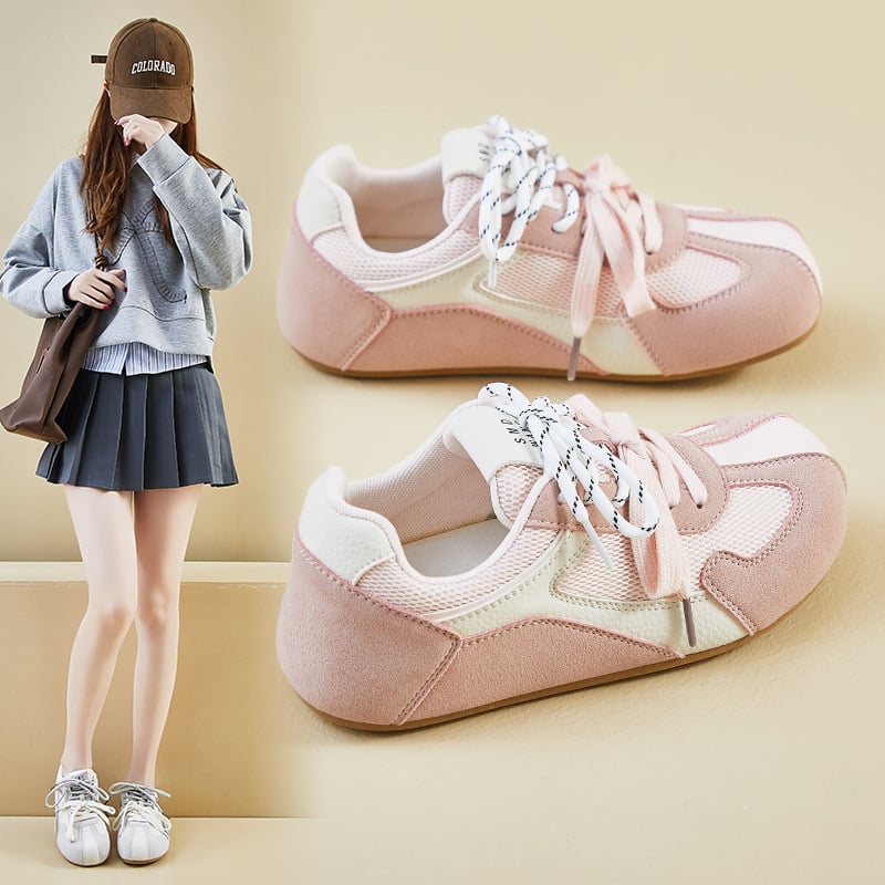 Pantofi casual pentru femei – PU+Mesh suprafață, vârf rotund, talpă din cauciuc, toc mic 1–3 cm, închidere cu șireturi în față/spate