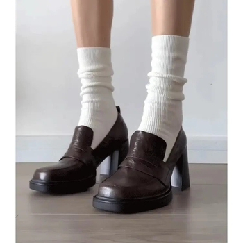 Loaferi, stil retro britanic, vârf rotund, partea superioară din piele sintetică, toc gros 6-8 cm