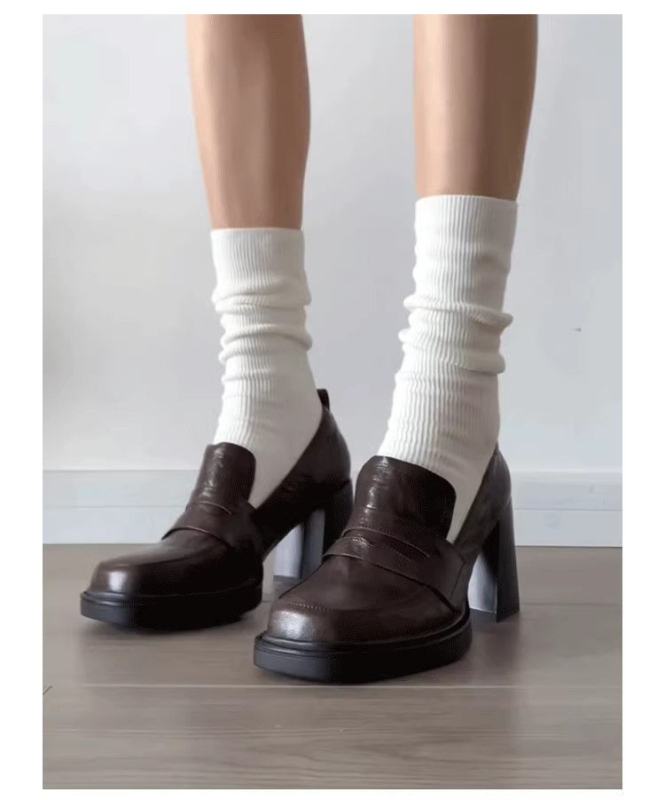Loaferi, stil retro britanic, vârf rotund, partea superioară din piele sintetică, toc gros 6-8 cm