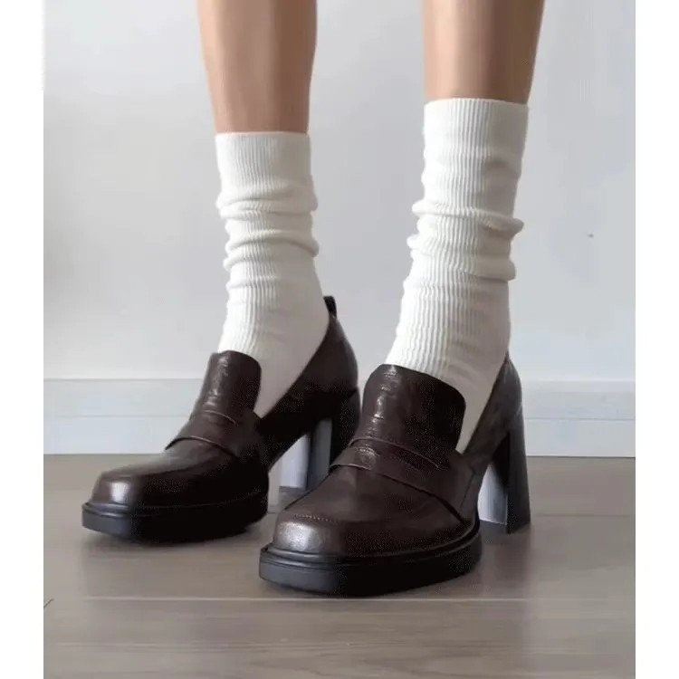 Loaferi, stil retro britanic, vârf rotund, partea superioară din piele sintetică, toc gros 6-8 cm