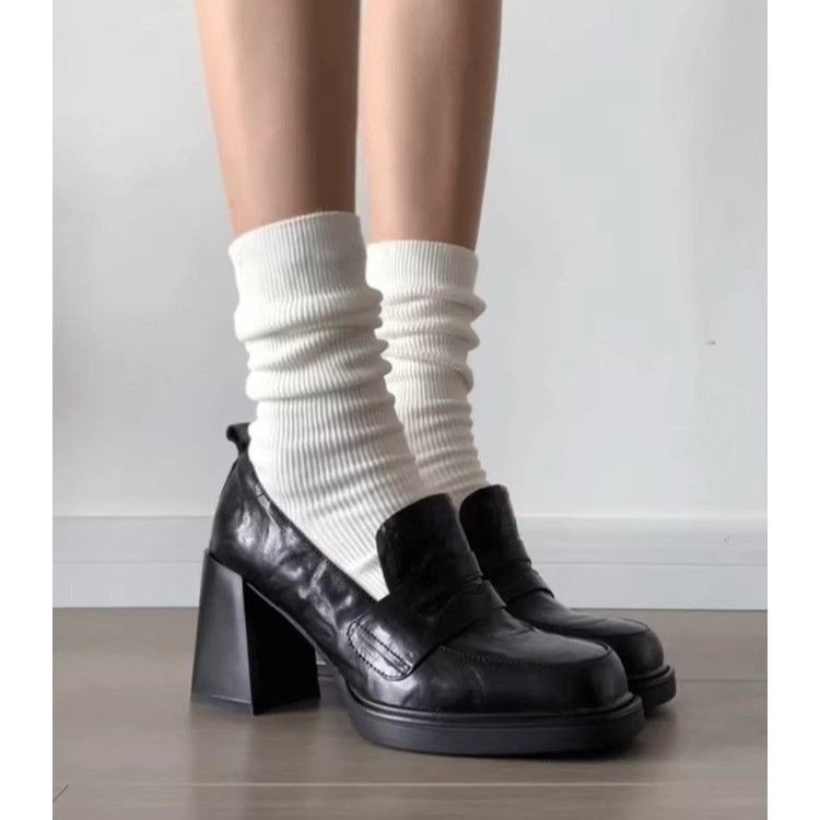 Loaferi, stil retro britanic, vârf rotund, partea superioară din piele sintetică, toc gros 6-8 cm