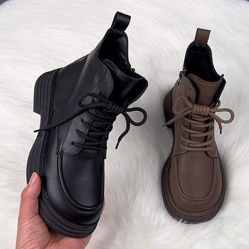 Női mikroszálas bőrtípusú téli csizma fleece béléssel, vastag gumírozott talppal, középmagas szár, kerek orr