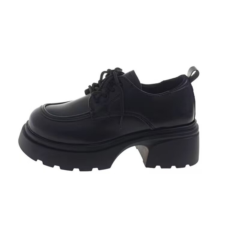 Loafers din microfibră, vârf rotund, toc mediu 3–5 cm, stil britanic, șireturi frontale
