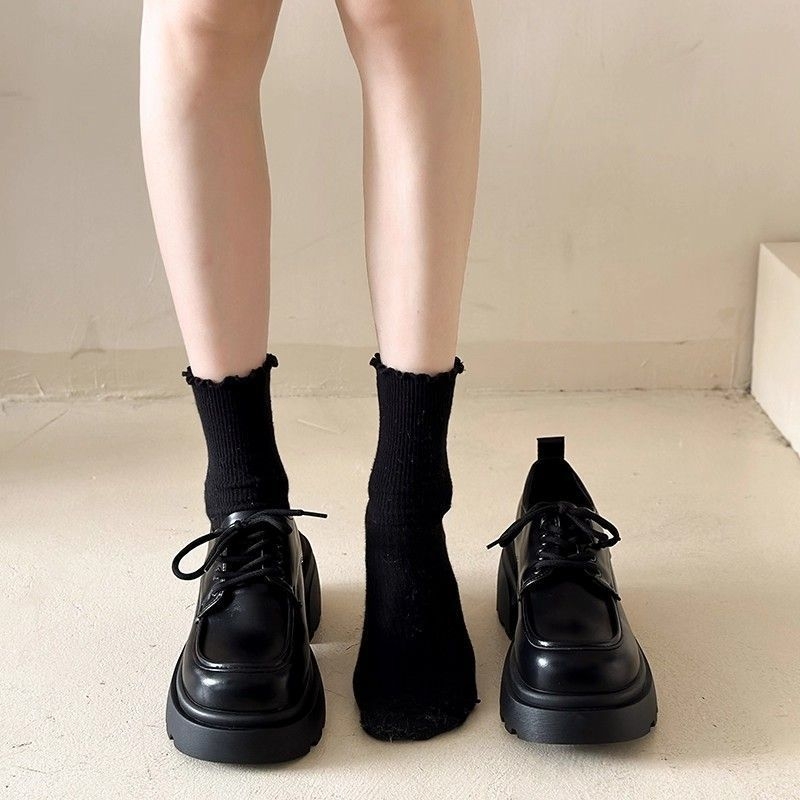 Loafers din microfibră, vârf rotund, toc mediu 3–5 cm, stil britanic, șireturi frontale