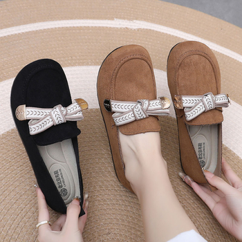 Loafers dama cu funda, primăvara 2025, vârf rotund, partea superioară nubuk, talpă poliuretan, toc mic 1–3 cm, branța interioară EVA