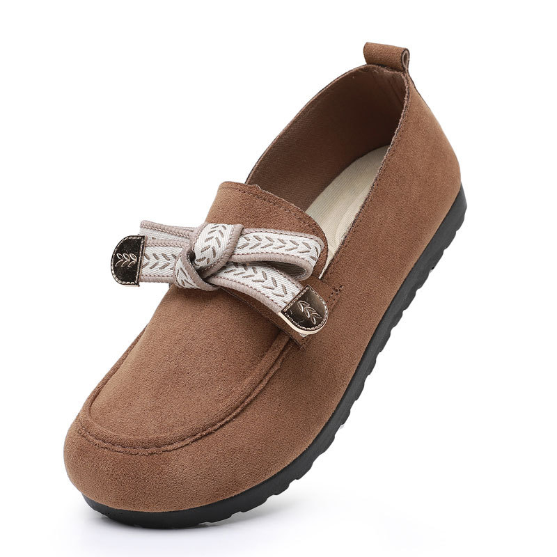 Loafers dama cu funda, primăvara 2025, vârf rotund, partea superioară nubuk, talpă poliuretan, toc mic 1–3 cm, branța interioară EVA