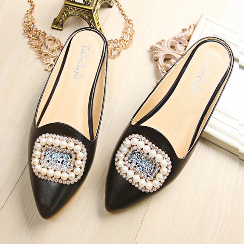 Ženske sandale s rhinestones, korejskog stila, zatvoren prst, ravne potplata, PU gornji dio, unutarnja koža svinja, đon od goveđeg tetiva
