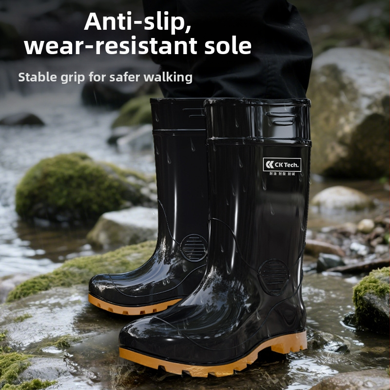 PVC augstas augšdaļas lietus zābaki rūpnieciskai un kalnrūpniecībai — pretslidēšanas, ūdensizturīgi (PVC; augsta augšdaļa; rūpnieciska/kalnrūpniecības izmantošana; pretslidēšana; ūdensizturība)