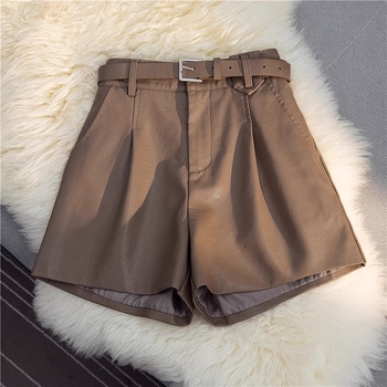 PU кожени къси панталони с висока талия, прав крак, преппи стил, обработени против намачкване