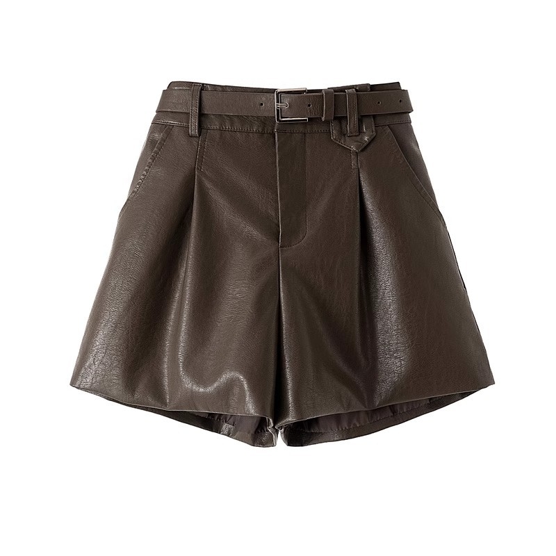 PU кожени къси панталони с висока талия, прав крак, преппи стил, обработени против намачкване