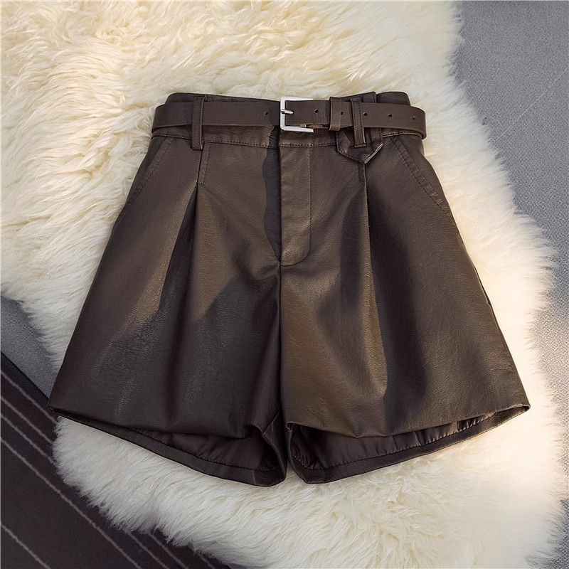 PU кожени къси панталони с висока талия, прав крак, преппи стил, обработени против намачкване