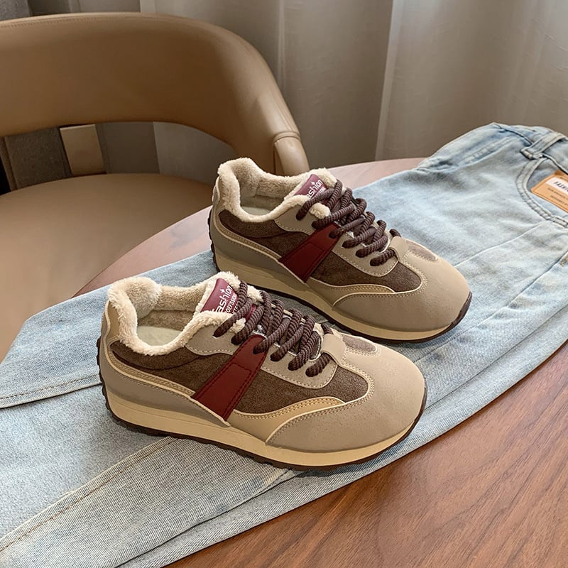 Női dad shoes téli cipők fleece béleléssel, PU felsőrész, gumitalp, kerek orr, középmagas sarka 3–5 cm