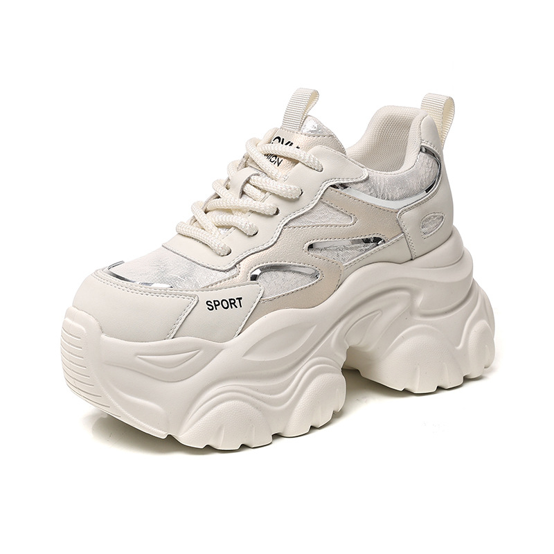 Női platformos dad cipő, 6–8 cm-es platforma, vastag talp, légáteresztő belső, fűzővel záródó, kerek orr