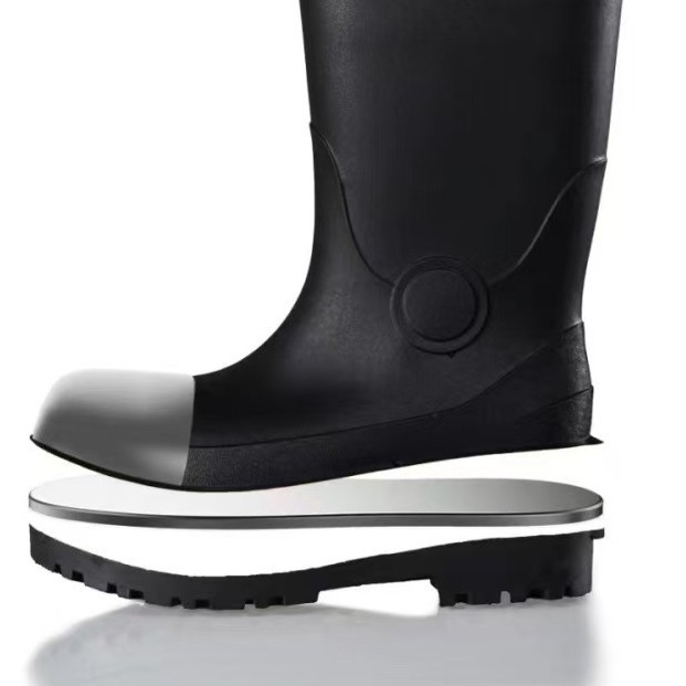Acélorrú esőcsizma, magas szár, PVC felsőrész, műanyag talp, csúszásmentes