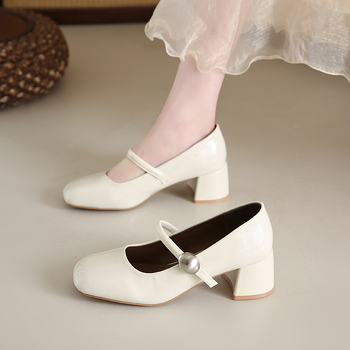 Mary Jane dámske topánky so stredným podpätkom, hranatý nos, syntetická koža, hrubý podpätok, gumová podrážka