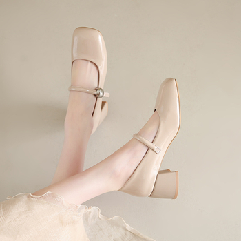 Mary Jane dámske topánky so stredným podpätkom, hranatý nos, syntetická koža, hrubý podpätok, gumová podrážka