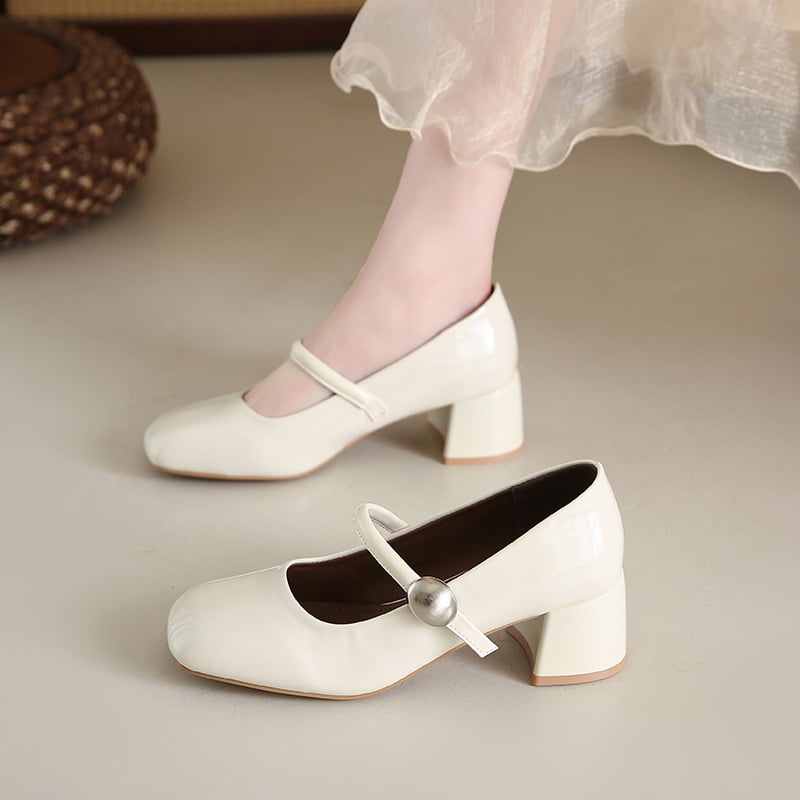 Mary Jane dámske topánky so stredným podpätkom, hranatý nos, syntetická koža, hrubý podpätok, gumová podrážka