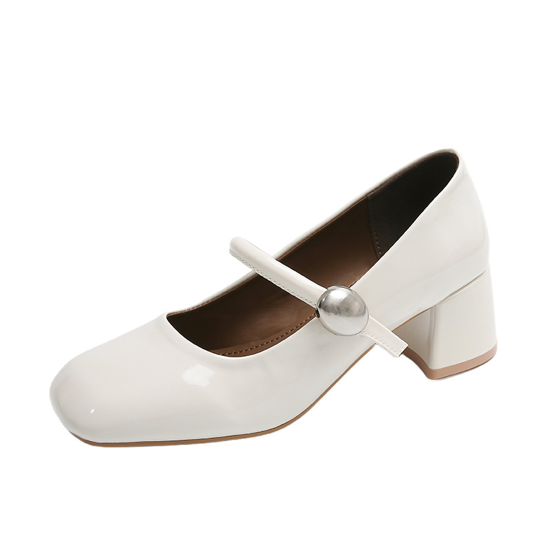 Mary Jane dámske topánky so stredným podpätkom, hranatý nos, syntetická koža, hrubý podpätok, gumová podrážka