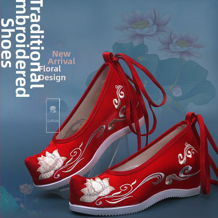 Hanfu moterų batai, vidinis aukštėjimas, Ming stilius, senovinis išsiuvinėtų gėlių audinys, viršus mikropluoštas, smaigus pirštas, aukštas viršus, kulnas 6–8 cm