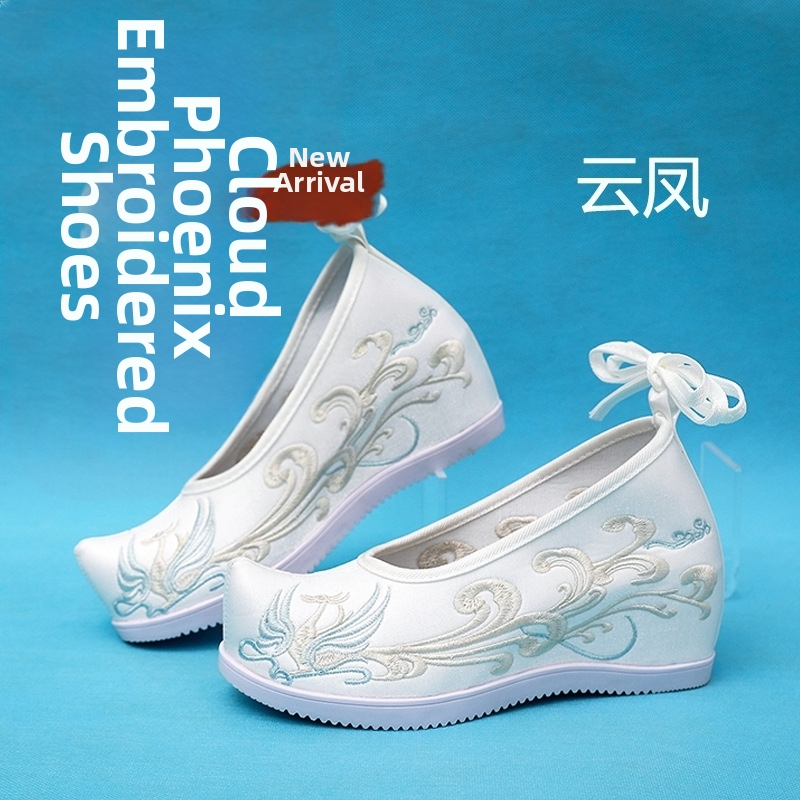 Hanfu moterų batai, vidinis aukštėjimas, Ming stilius, senovinis išsiuvinėtų gėlių audinys, viršus mikropluoštas, smaigus pirštas, aukštas viršus, kulnas 6–8 cm