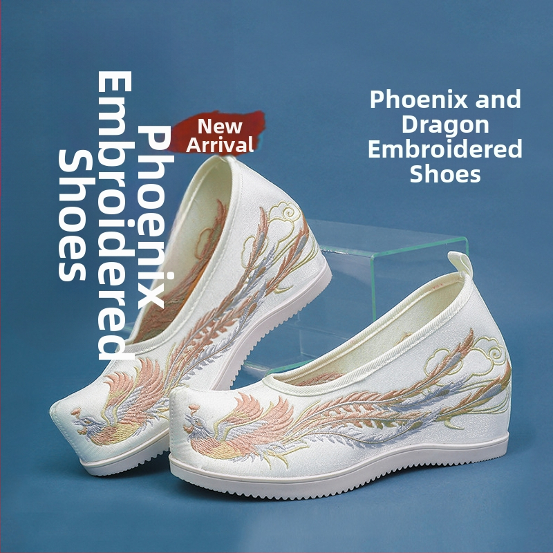 Hanfu moterų batai, vidinis aukštėjimas, Ming stilius, senovinis išsiuvinėtų gėlių audinys, viršus mikropluoštas, smaigus pirštas, aukštas viršus, kulnas 6–8 cm