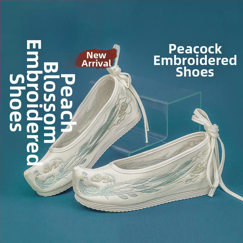 Hanfu moterų batai, vidinis aukštėjimas, Ming stilius, senovinis išsiuvinėtų gėlių audinys, viršus mikropluoštas, smaigus pirštas, aukštas viršus, kulnas 6–8 cm