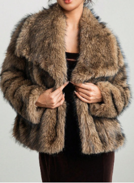 Paola Wei dirbtinio kailio paltas su apykakle, vidutinio ilgio, ilgomis rankovėmis, Spandex mišinys