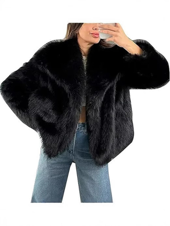 Paola Wei dirbtinio kailio paltas su apykakle, vidutinio ilgio, ilgomis rankovėmis, Spandex mišinys