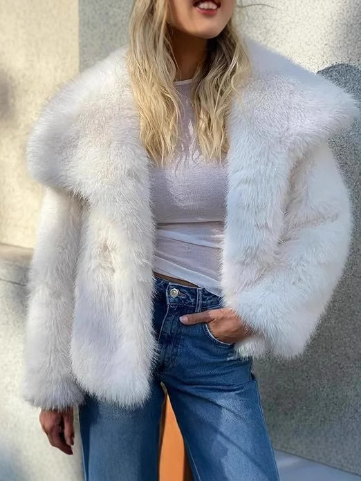 Paola Wei dirbtinio kailio paltas su apykakle, vidutinio ilgio, ilgomis rankovėmis, Spandex mišinys