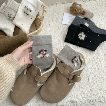 Moteriškos vilnos kojinės iki vidurio blauzdos su animaciniu šuniuko raštu, išlaiko šilumą, vienos adatos mezgimas, retro stilius