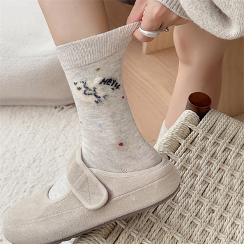 Moteriškos vilnos kojinės iki vidurio blauzdos su animaciniu šuniuko raštu, išlaiko šilumą, vienos adatos mezgimas, retro stilius