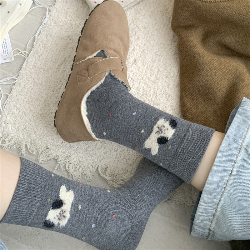 Moteriškos vilnos kojinės iki vidurio blauzdos su animaciniu šuniuko raštu, išlaiko šilumą, vienos adatos mezgimas, retro stilius