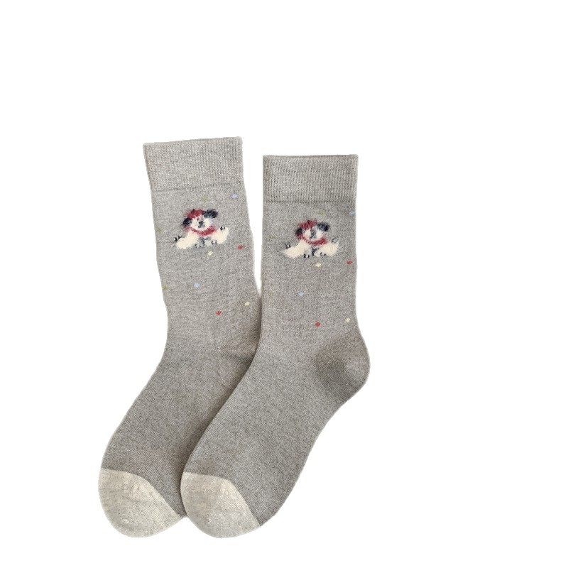 Moteriškos vilnos kojinės iki vidurio blauzdos su animaciniu šuniuko raštu, išlaiko šilumą, vienos adatos mezgimas, retro stilius